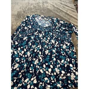 Woman Within 3X Tunic Blue Floral roundneck‎ 3/4 Sleeve Stretch Knit Pullover